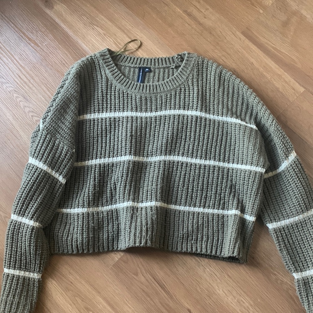 Olive green white striped crop sweater